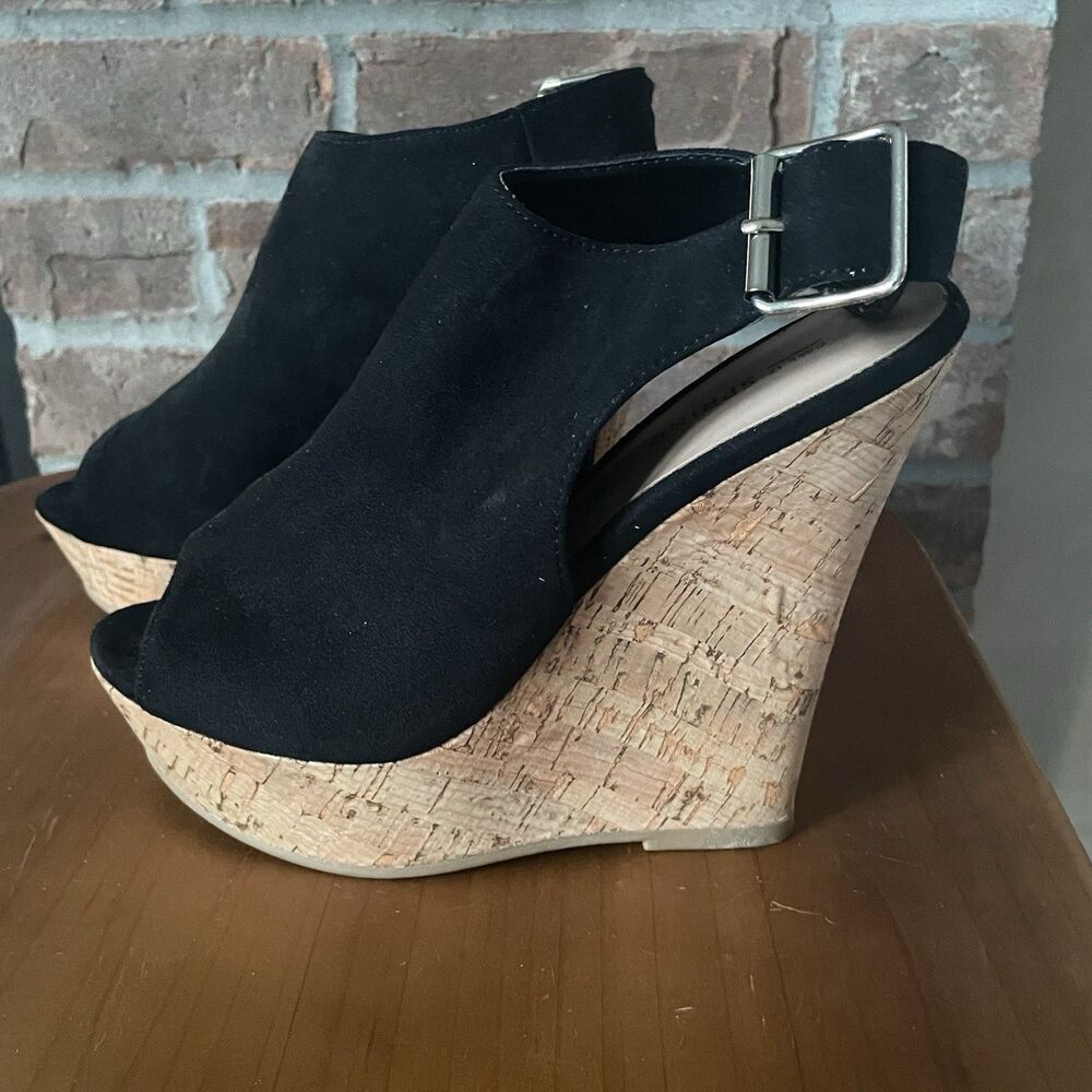 Cork Wedge Open Toe Sandal Women's Size 7 Summer Black Buckle 7" Heel Espadrille
